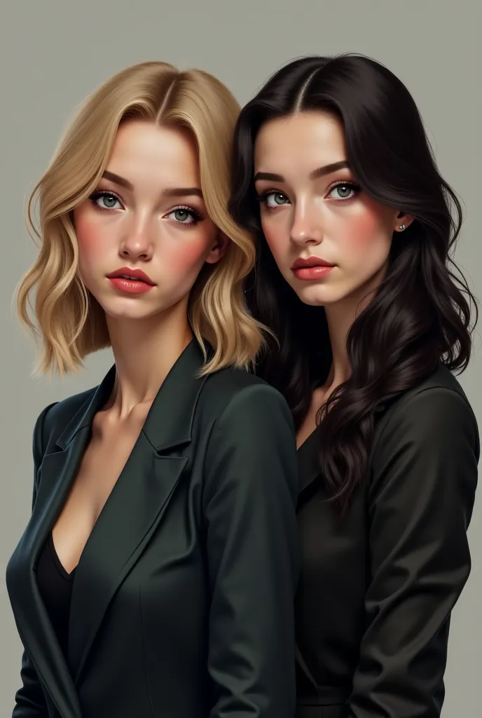 Two sisters about 20 years old, one blonde the other is darker. Modernly dressed, Serious look