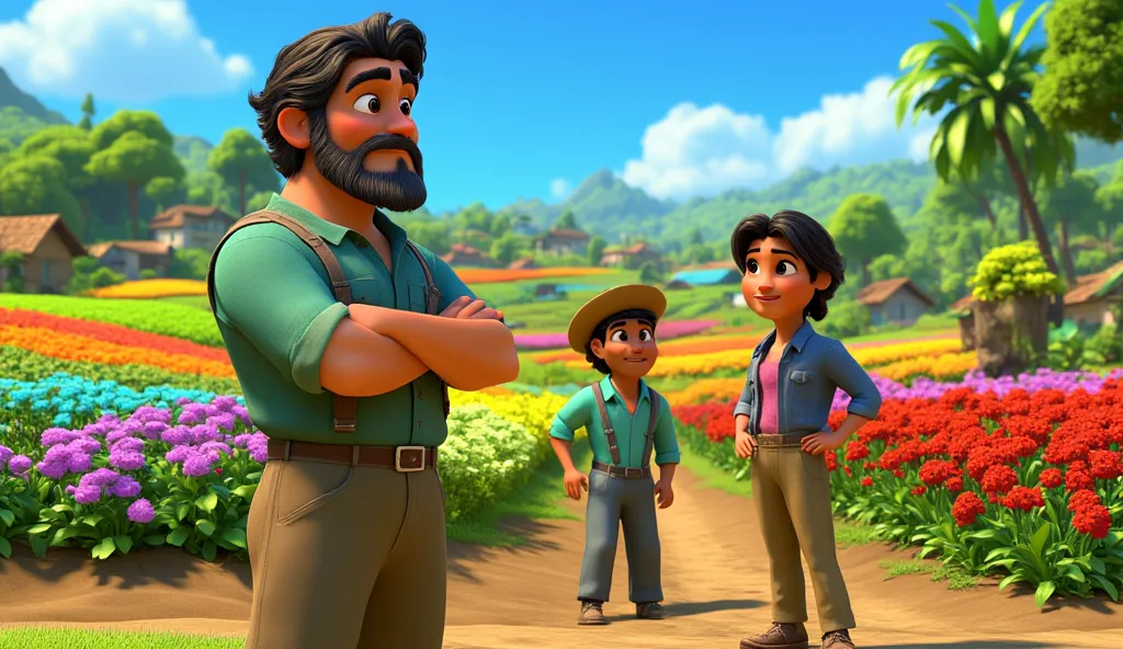 A black-haired farmer with an air of intelligence stands before his farm filled with brightly colored, brightly colored plantations talking to other rural workers. 