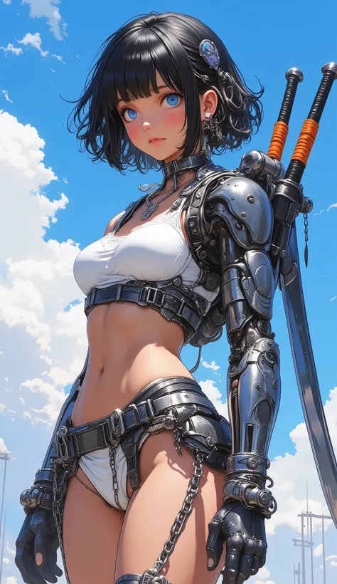 A futuristic warrior woman with a cybernetic arm, standing confidently under a bright blue sky. She has short black hair, piercing blue eyes, and wears a minimalistic outfit consisting of a white bandage-style top and bikini bottoms. A heavy metallic belt ...