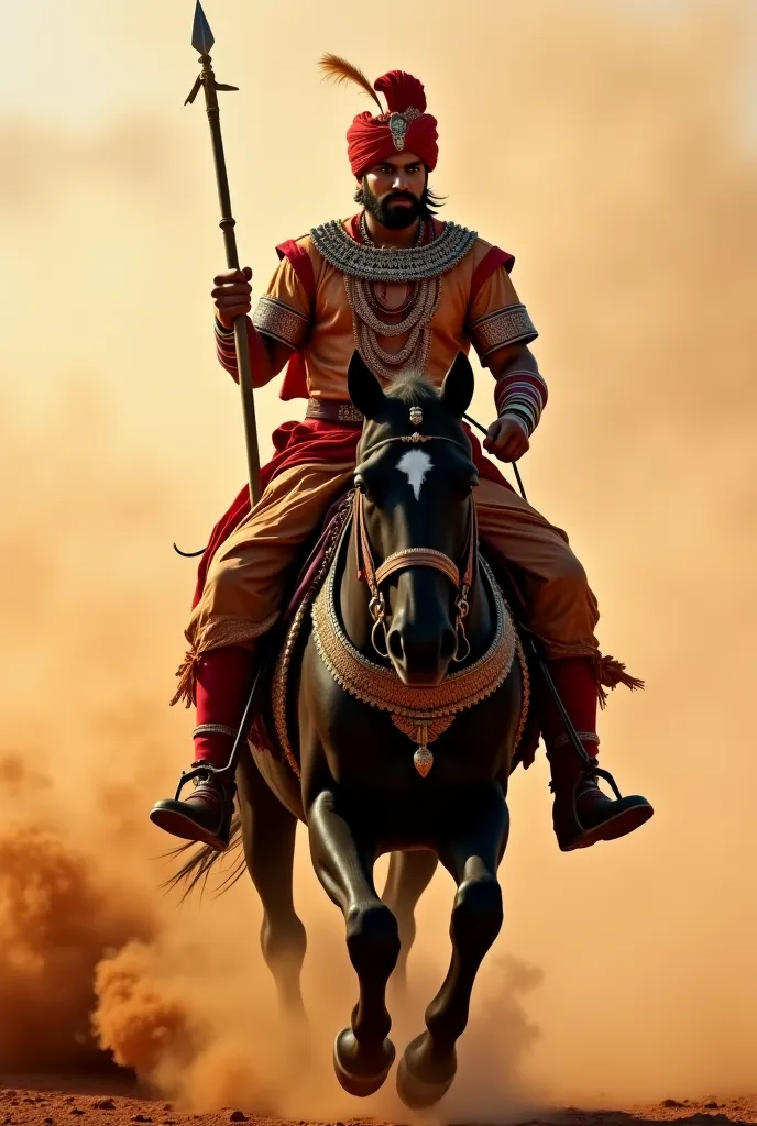 "A fierce Indian warrior on a black horse, wearing traditional Rajput armor, with a red turban, holding a spear, dust storm behind, historical setting, ultra-detailed, cinematic lighting, 8K resolution