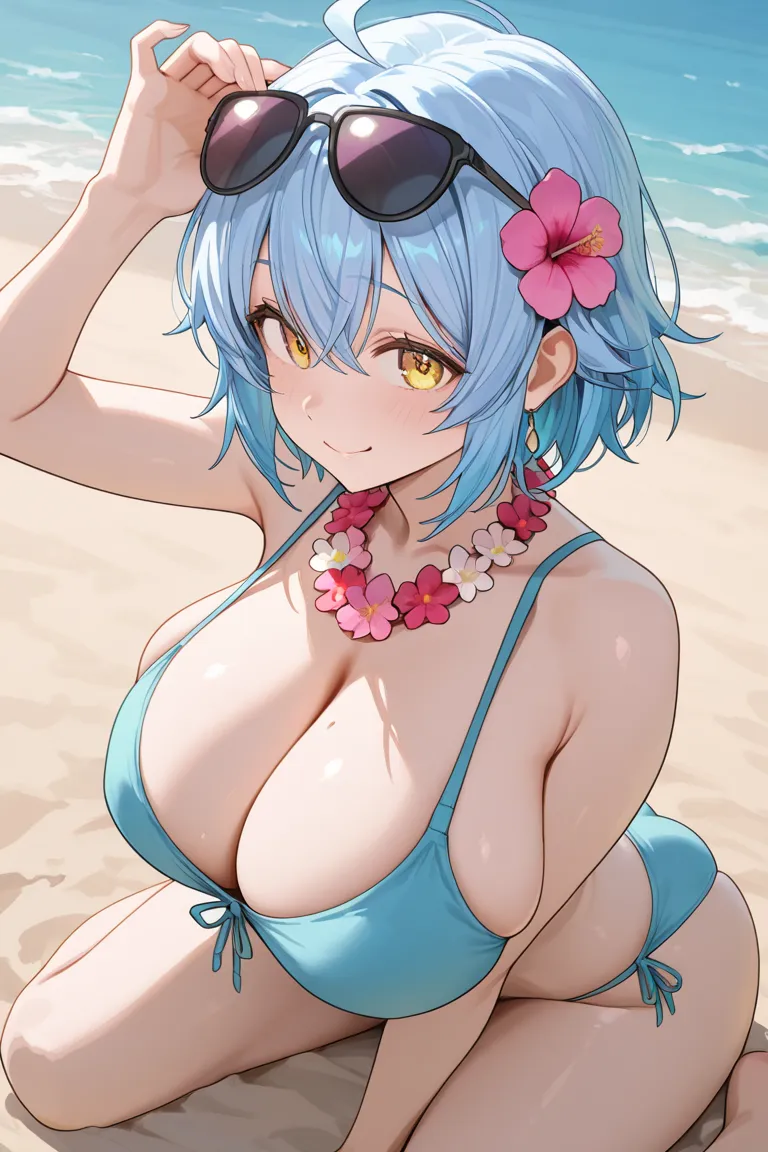  . An anime woman wears a small and tight bra and a tight fitted underwear and has sunglasses on her head and a flower necklace.    huge ass  ,  And big breasts with a very happy face and reddened cheeks.wide eyes  ,  yellow eyes short sky blue hair . On t...