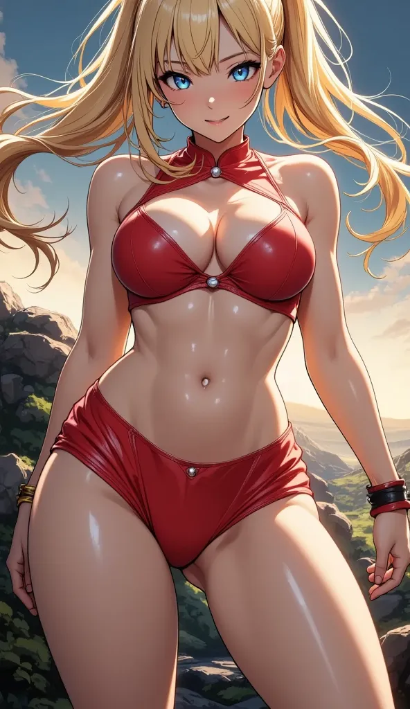 female Saiyan, 1girl ,Alone,. red clothes、collarbone、Skirt。ponytail。
Straight hair,Long hair ,blonde hair, .  Beautiful thighs.