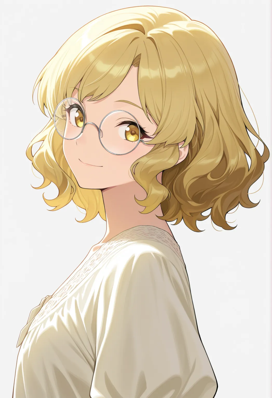 masterpiece, best quality, good quality, anime, beautiful
1girl, upper body, from side, looking at the viewer, blonde hair, short hair, wavy hair,  round glasses with think rim, smile, very detailed eyes, fashionable clothes, simple background, stylish, ch...