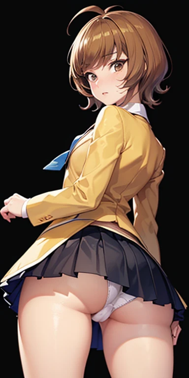  1 female,high definition,Alta Resolución, Ultra-realistic ,, short hair, pelo de antena, brown eyes, school uniform,(  blue tie), (yellow shirt),( black jacket), mangas largas, black skirt, Skinny skirt  , ((mini fold)),white panties,European,sexy,torso f...