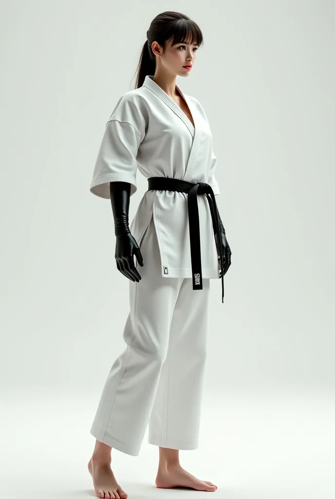 skinny woman wearing a karate kimono, barefoot,  long latex gloves