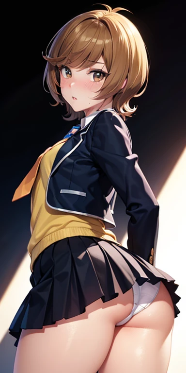  1 female,high definition,Alta Resolución, Ultra-realistic ,, short hair, pelo de antena, brown eyes, school uniform,(  blue tie), (yellow shirt),( black jacket), mangas largas, black skirt, Skinny skirt  , ((mini fold)),white panties,European,sexy,torso f...