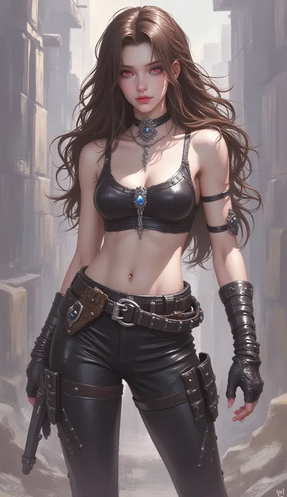 Brown Long hair, red eyes, black short top, black leather trousers, Tifa from Final fantasy 