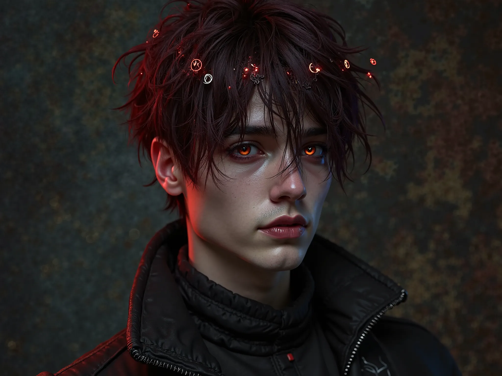 A realistic cute Gothic man with red and black hair and red eyes and he have Gothic symbols in his hair and around him