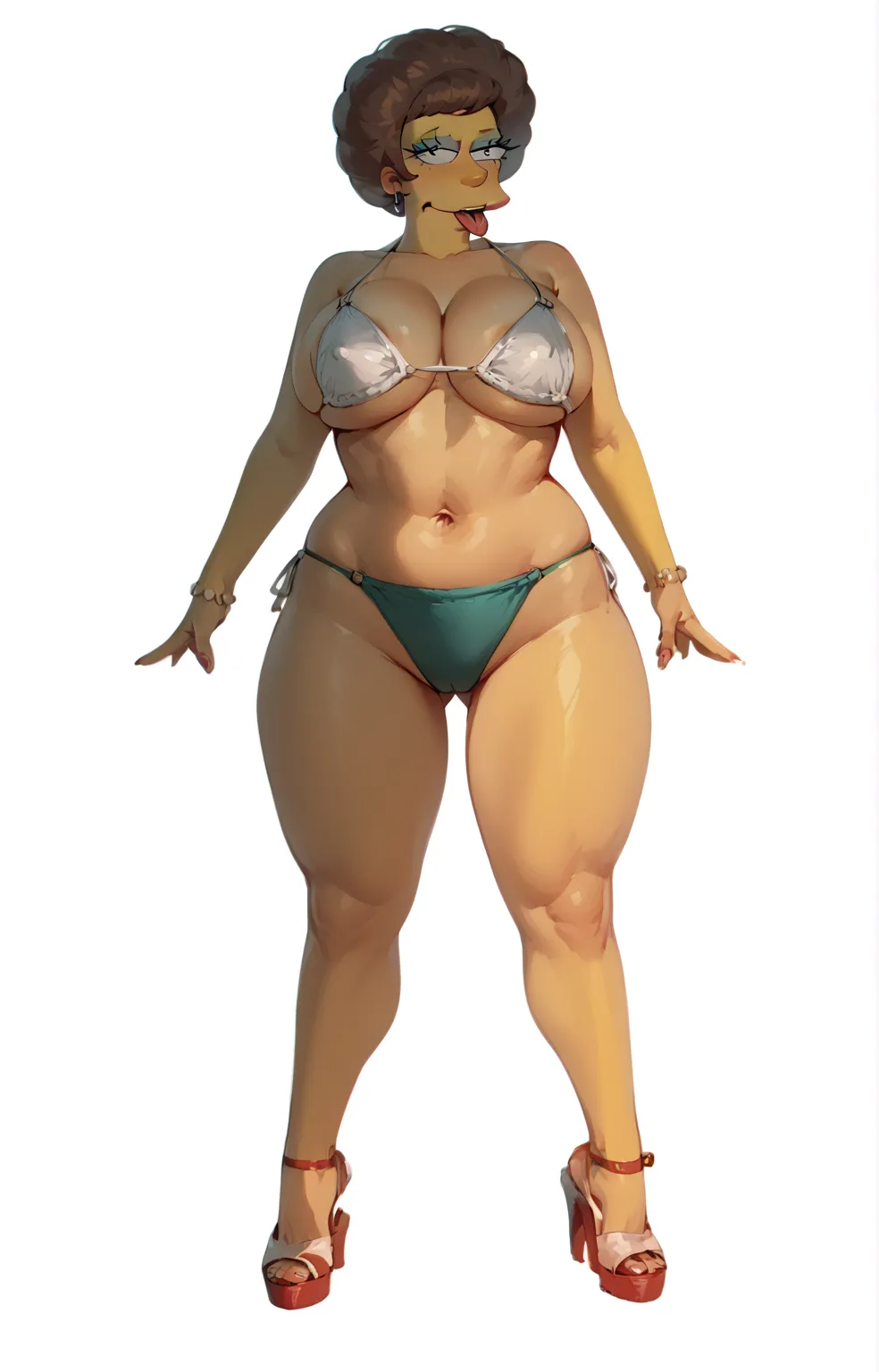 A extrem voluptuous Edna Krabappel character from The Simpsons, wearing a white micro bikini, very exited, tongue out, full body back shoot in the classroom, 