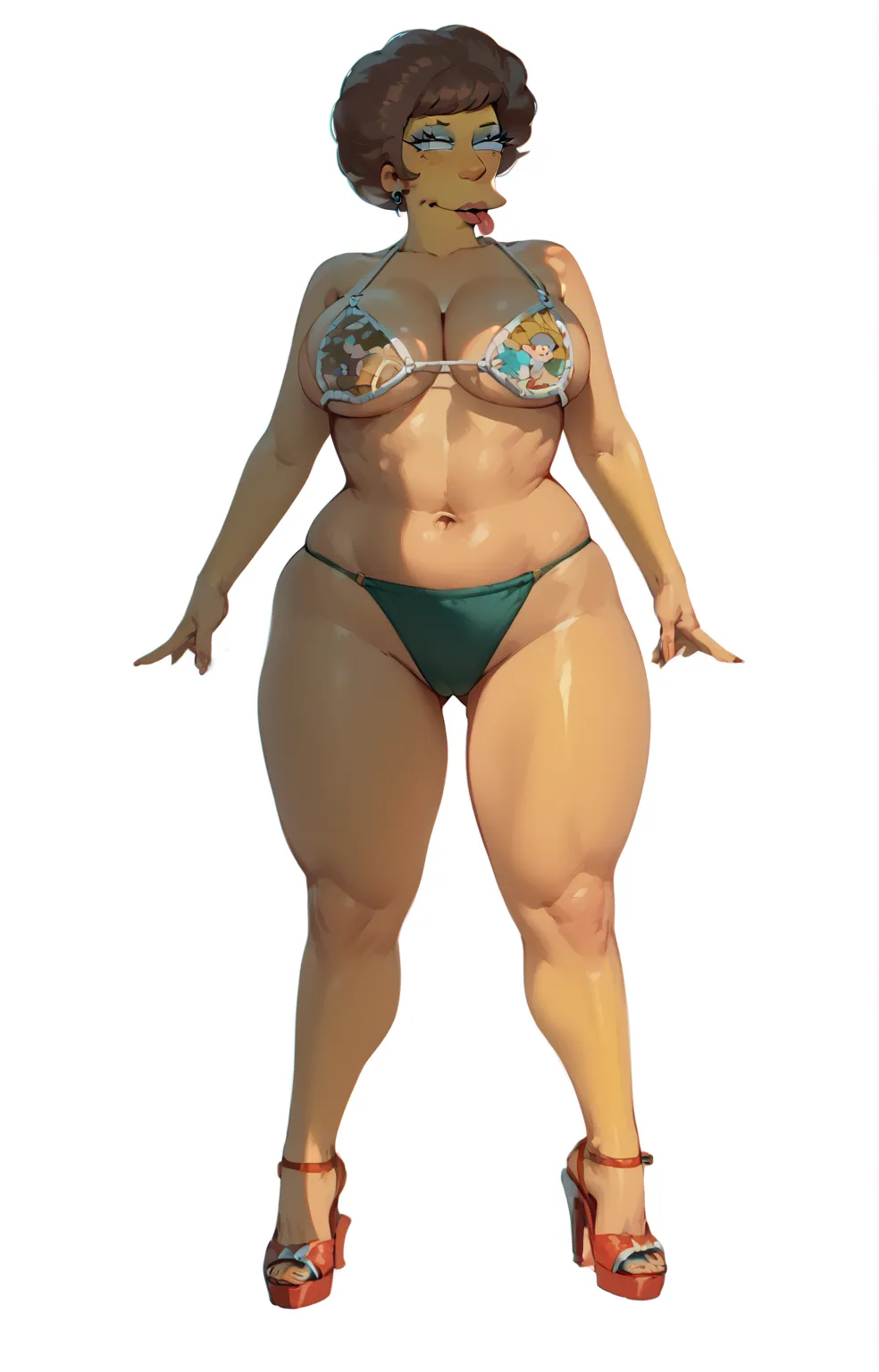 A extrem voluptuous Edna Krabappel character from The Simpsons, wearing a white micro bikini, very exited, tongue out, full body back shoot in the classroom, 