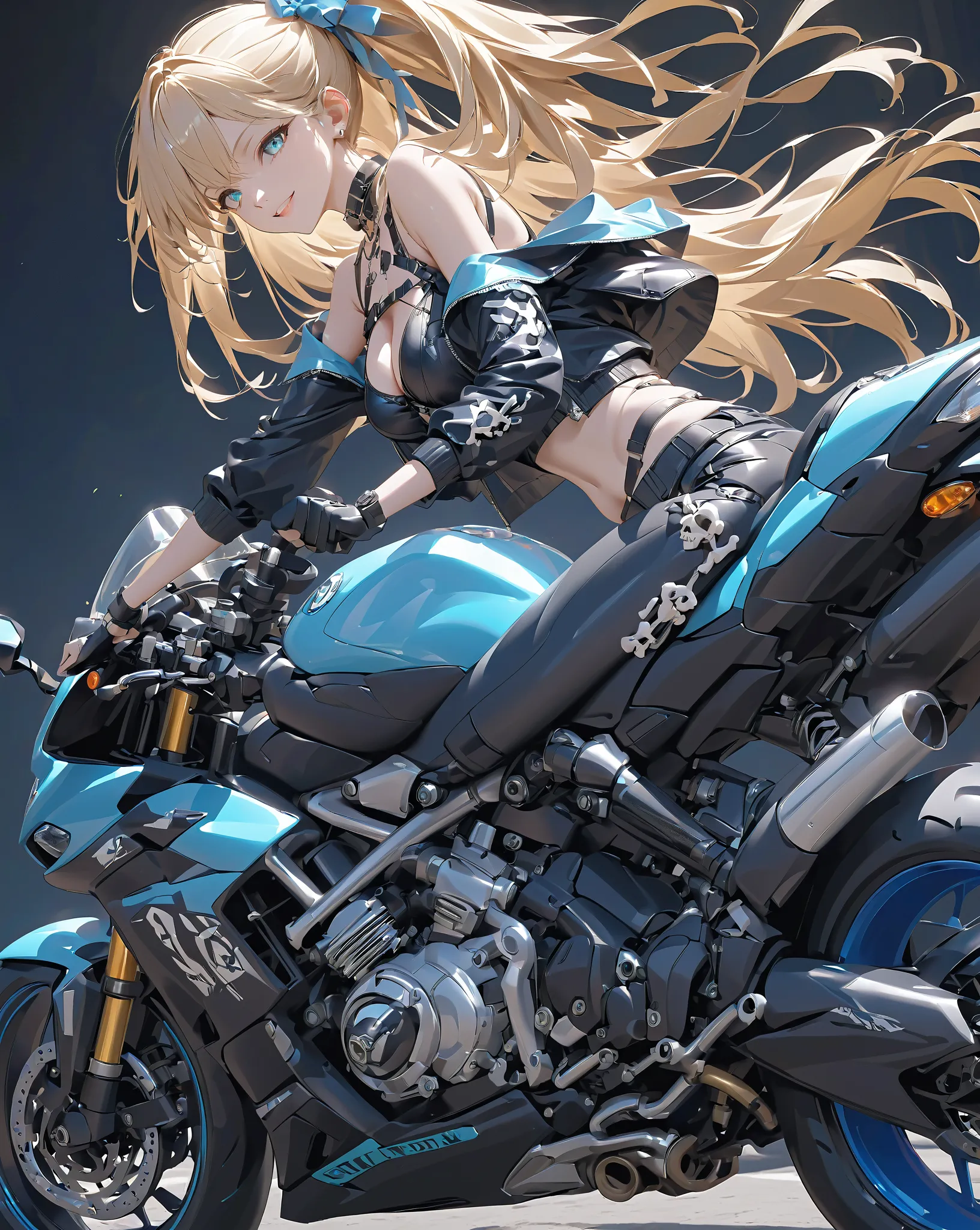 (SFW)(top quality),very detailed,very detailed,ONE GIRL AND BIKE、shiny skin, shiny( Biker Fashion の女の子 ) Very attractive eyes、seductive smiles from women to women、( blond girl)Exposed shoulders、(Chest Valley) Biker Fashion 、break、
( 骨がモチーフのメカニカルバイク🏍、Get on...