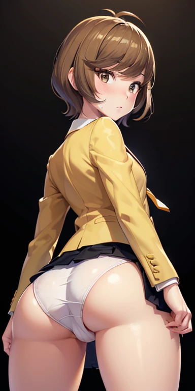  1 female,high definition,Alta Resolución, Ultra-realistic ,, short hair, pelo de antena, brown eyes, school uniform,(  blue tie), (yellow shirt),( black jacket), mangas largas, black skirt, Skinny skirt  , ((mini fold)),white panties,European,sexy,torso f...