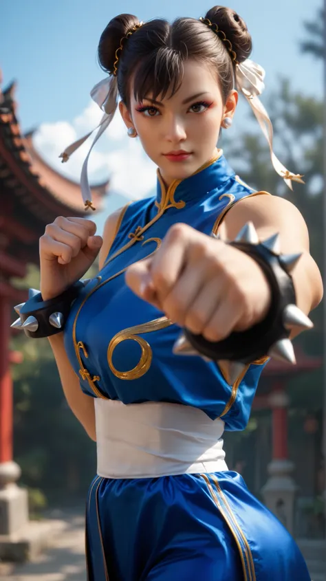 Chun li, a hyper realistic and ultra detailed photo of a pretty, elegant, ultra realistic, gorgeous girl, perfect eyes, portrait, looking at viewer, standing, outdoor casual background, kung fu pose,