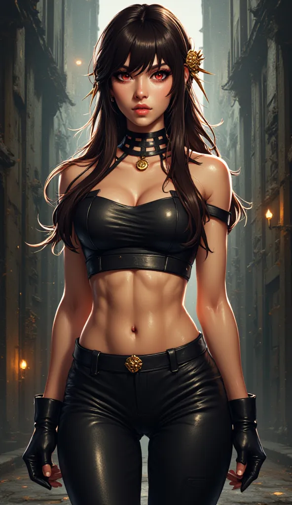 Brown Long hair, red eyes, black short top, black leather trousers, Tifa from Final fantasy 