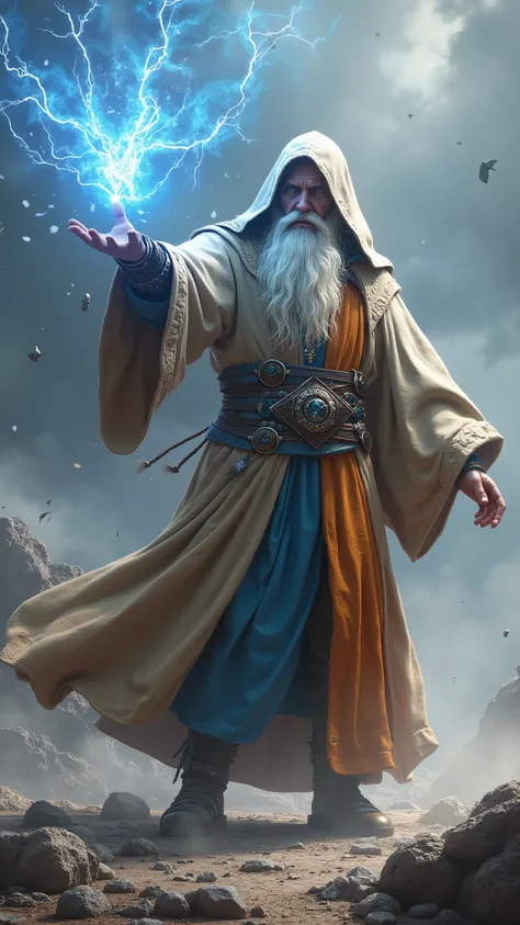 The image depicts a powerful wizard wrapped in long, flowing robes, with a hood partially covering his face, giving him a mysterious and imposing air. His long, white beard flows in the wind, reinforcing his wise and ancient appearance. He is in the middle...