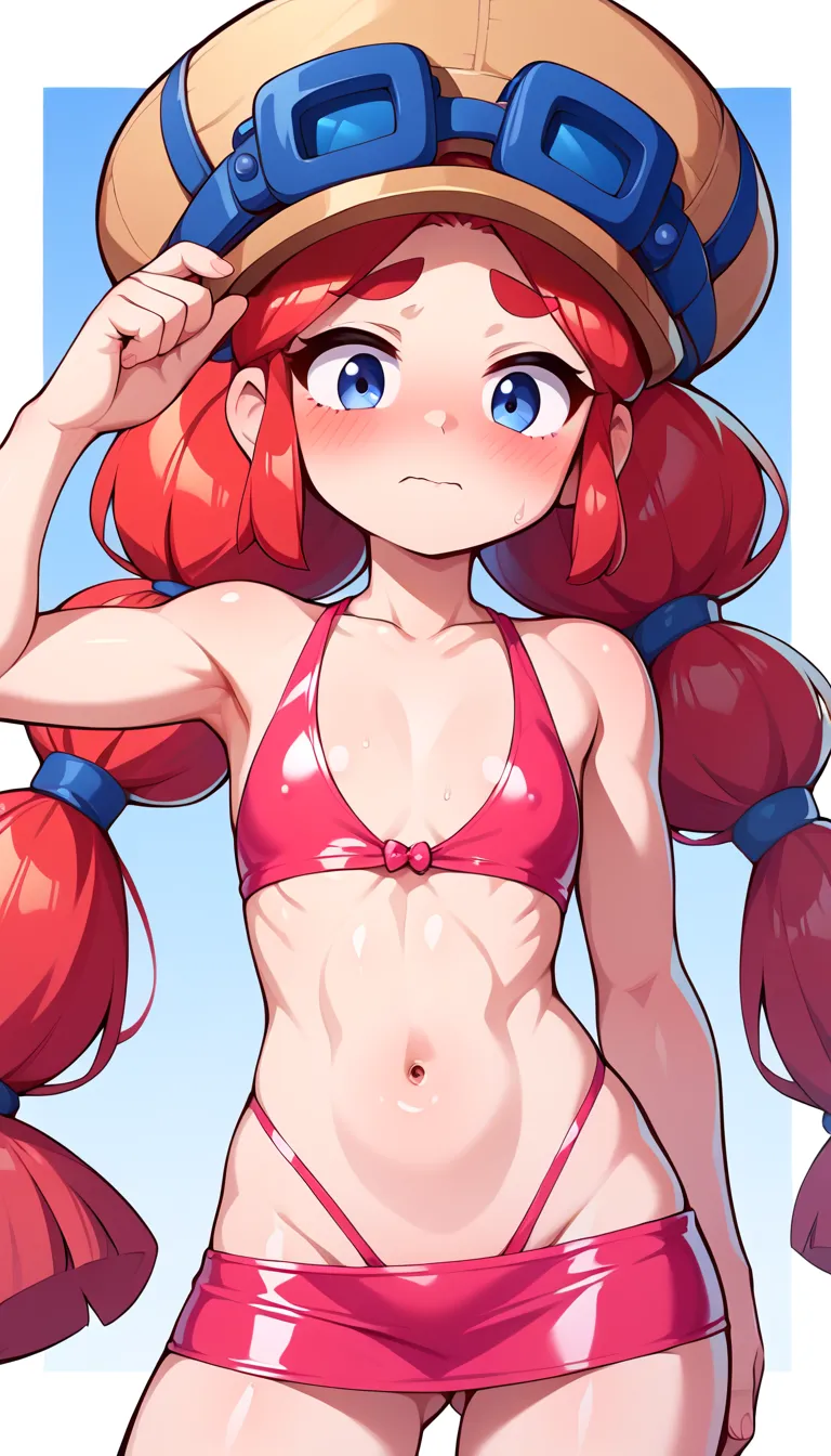 bsjessie , 1girl , red hair ,pigtails , hat , goggles on headwear, flat chest, no curves, posing embarrassed, red face, blush, micro skirt, thong peek, no bra, tight pink latex top,