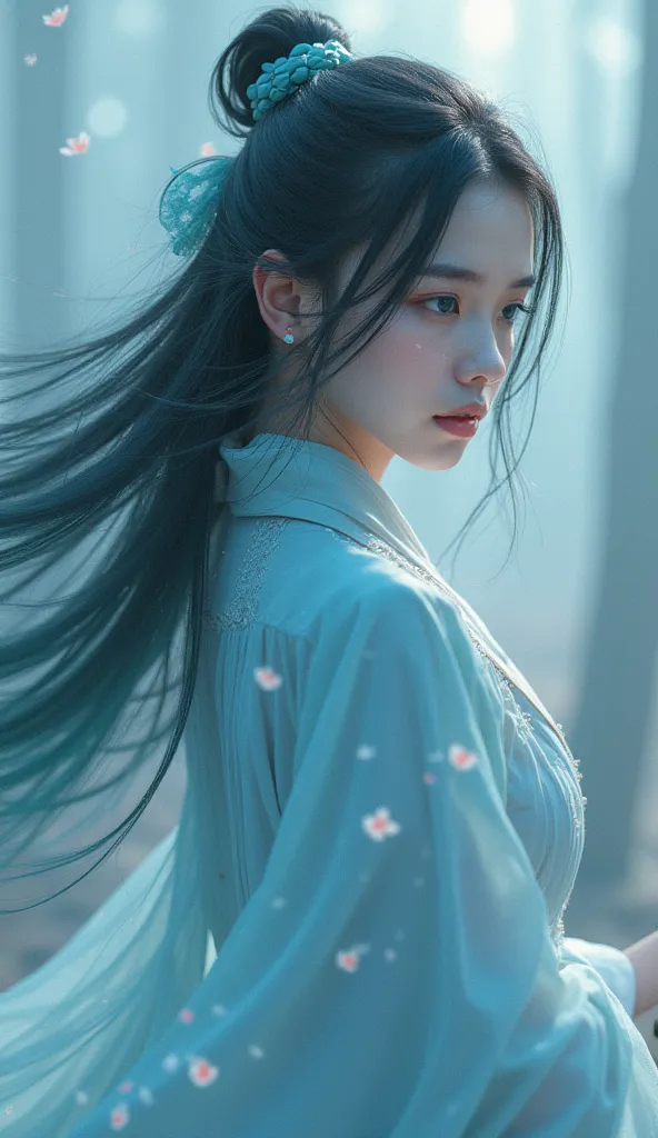 *"A young woman with a delicate appearance but with an undeniable power, with a serene face and a distant expression, as if lost in thought. Her long jet-black hair with sky blue reflections and degraded tips in a turquoise hue floats gently with the wind....