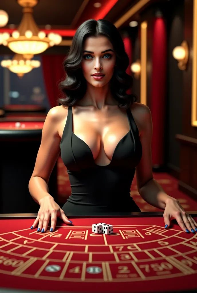 (ample cleavage:1.3), mature, attractive woman, fit body, Jennifer Lopez hips,  beautiful casino dealer, sic bo table, dice, light studio