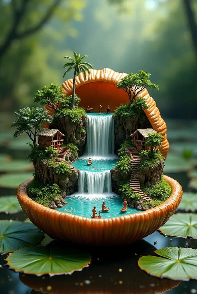 "A Brazil nut urchin sits atop a giant water lily pad in a beautiful stream with the Amazon rainforest in the background. The urchin is split open and inside it is a miniature world representing a small patch of the Amazon rainforest, consisting of a water...