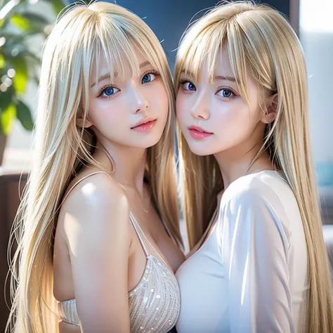 Beautiful white shiny skin 、 blonde hair color that changes with light 、 long bangs block view 、 Gloss highlights on her cheeks 、sexy and very beautiful lovely cute gorgeous face、The most beautiful face in the world、 super long gorgeous pair blonde hair、 s...