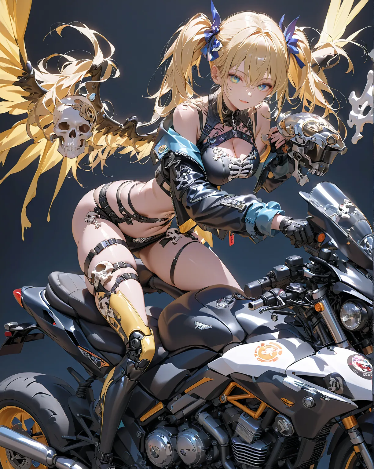 (SFW)(top quality),very detailed,very detailed,ONE GIRL AND BIKE、shiny skin, shiny( Biker Fashion の女の子 ) Very attractive eyes、seductive smiles from women to women、( blond girl)Exposed shoulders、(Chest Valley) Biker Fashion 、break、
( Mechanical motorcycle w...