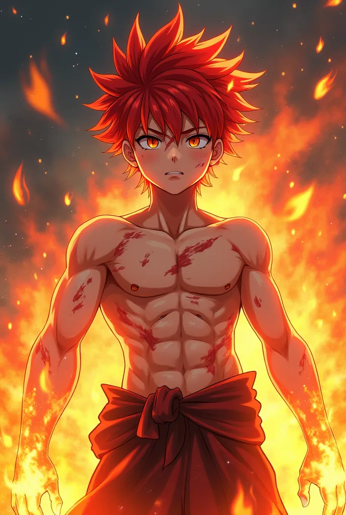 Red-haired 16-year-old boy with firepower, shirtless and all bruised, He is irritated and his body is muscular anime style