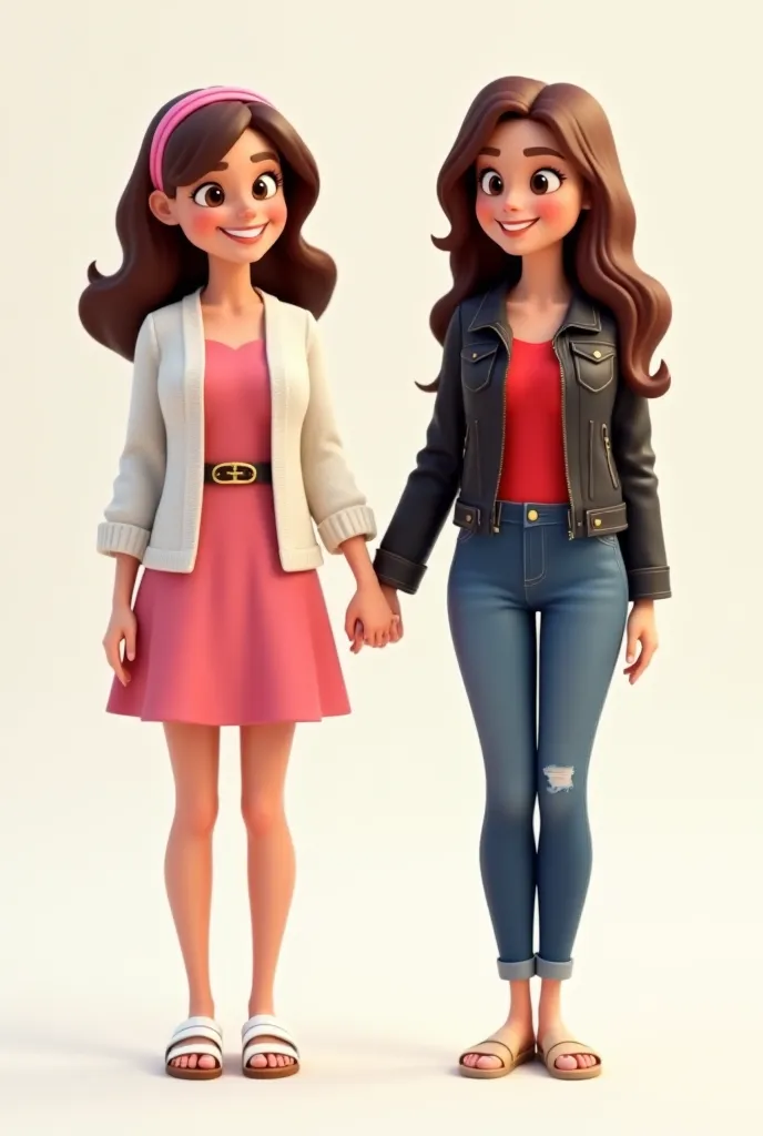 3d cartoon 2 women who one wears a pink dress with gold belt a white knit jacket she has brown hair and brown eyes she has a pink headband and white sandals on the other is wearing a black jeans jacket leather red in white a red blouse the two hold hands