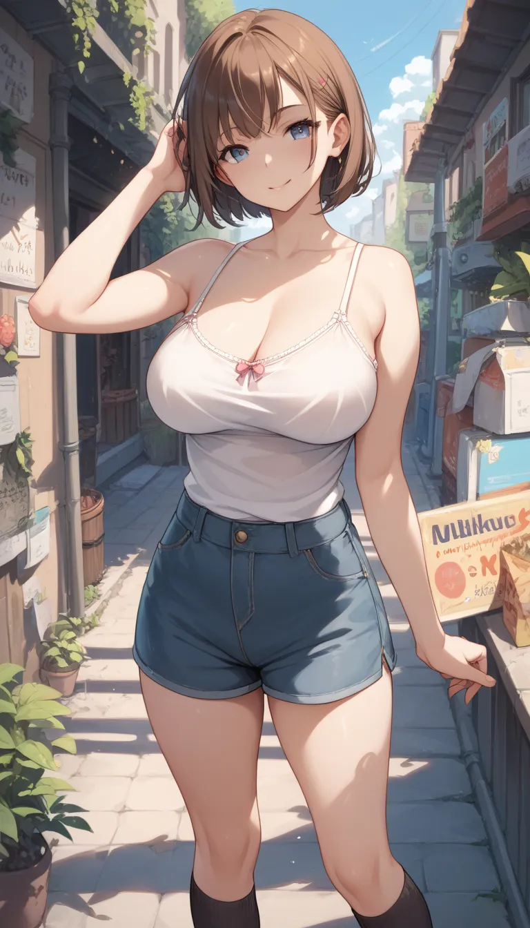 Front Map, Standing anime woman,  short brown hair after pregnancy, very big breasts, Round Breasts, camisole, miniskirt, knee-high socks, break, Ultra Details