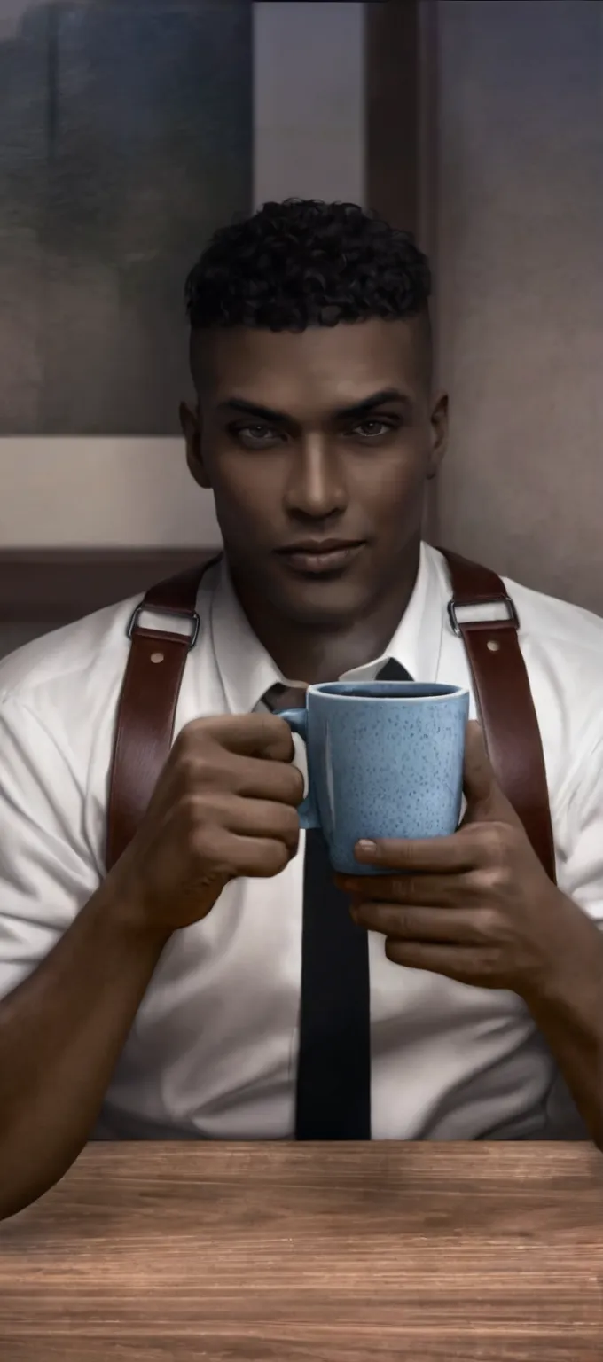 40-year-old man, dark skin, black short hair, a white shirt with a harness sits at the table with a cup of coffee 