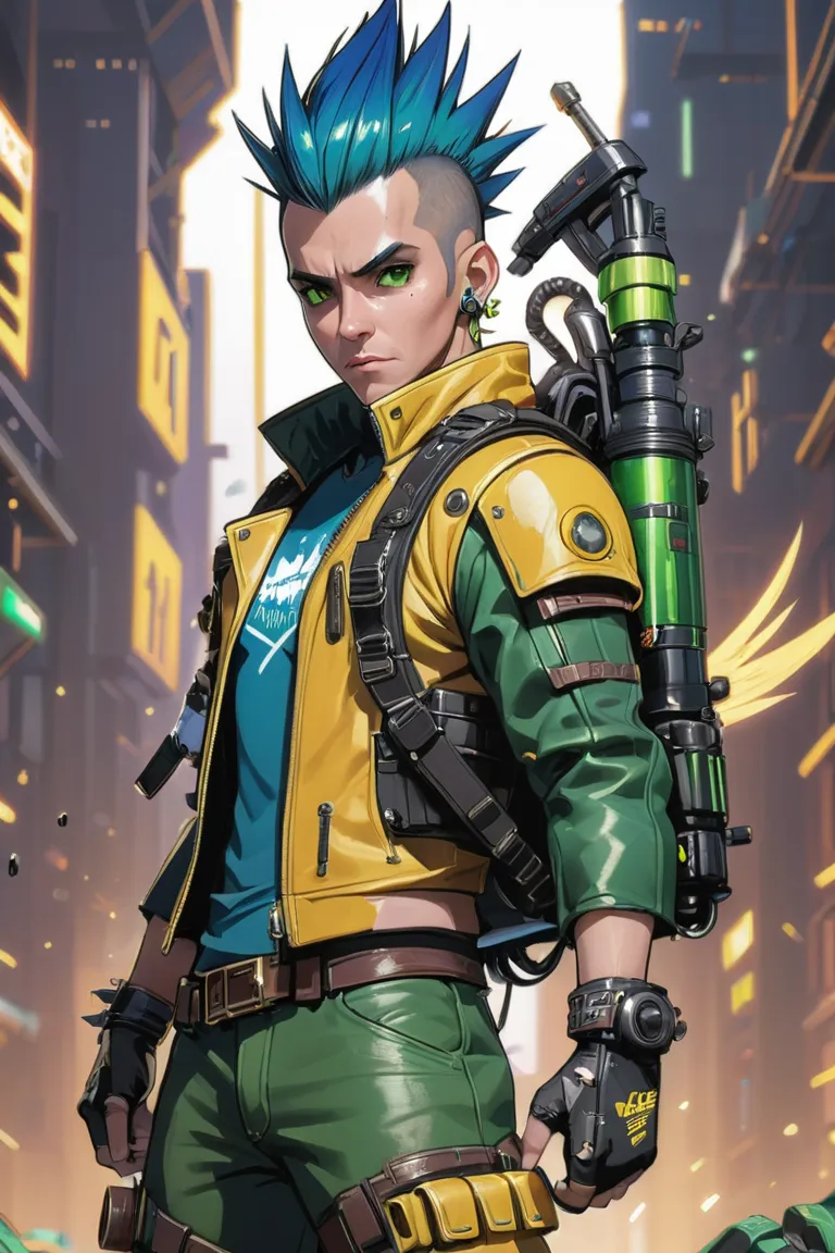 David Martinez from cyberpunk edgerunners, blue mohawk hair, yellow leather jacket, brown leather pants, spikes on his arms, holding a green-colored weapon, wearing a flying jetpack on his back