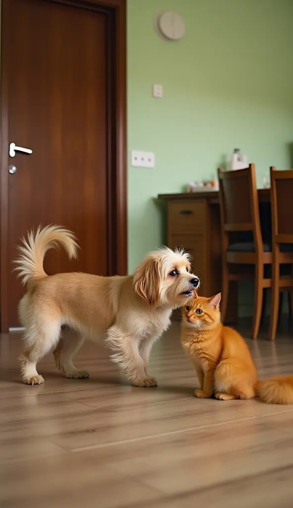 A small, bushy, long-haired dog with a long tail.brown wooden door,
a yellow cat with dense, fluffy fur, with a long tail
The camera from the side shows the dog running towards the light green dining area under the wall, past the chairs and the wooden dini...