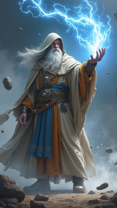 The image depicts a powerful wizard wrapped in long, flowing robes, with a hood partially covering his face, giving him a mysterious and imposing air. His long, white beard flows in the wind, reinforcing his wise and ancient appearance. He is in the middle...