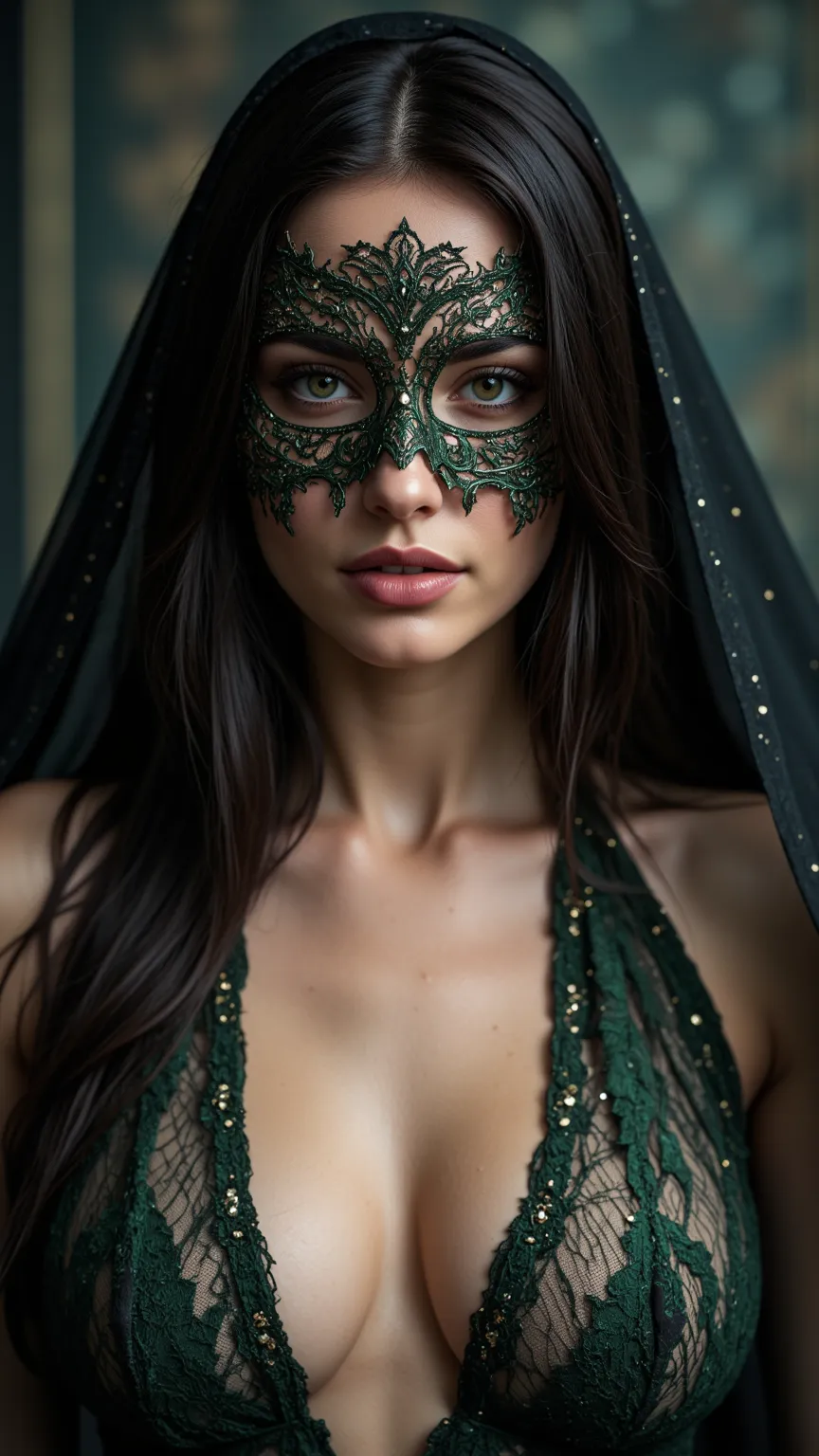 long silky brunette hair, Her deep, enigmatic eyes are hidden behind an intricate lace mask, accentuating her aura of mystery and elegance. The mask is semi-transparent, allowing glimpses of her expressive gaze beneath, framed by long, dark lashes. Her lip...