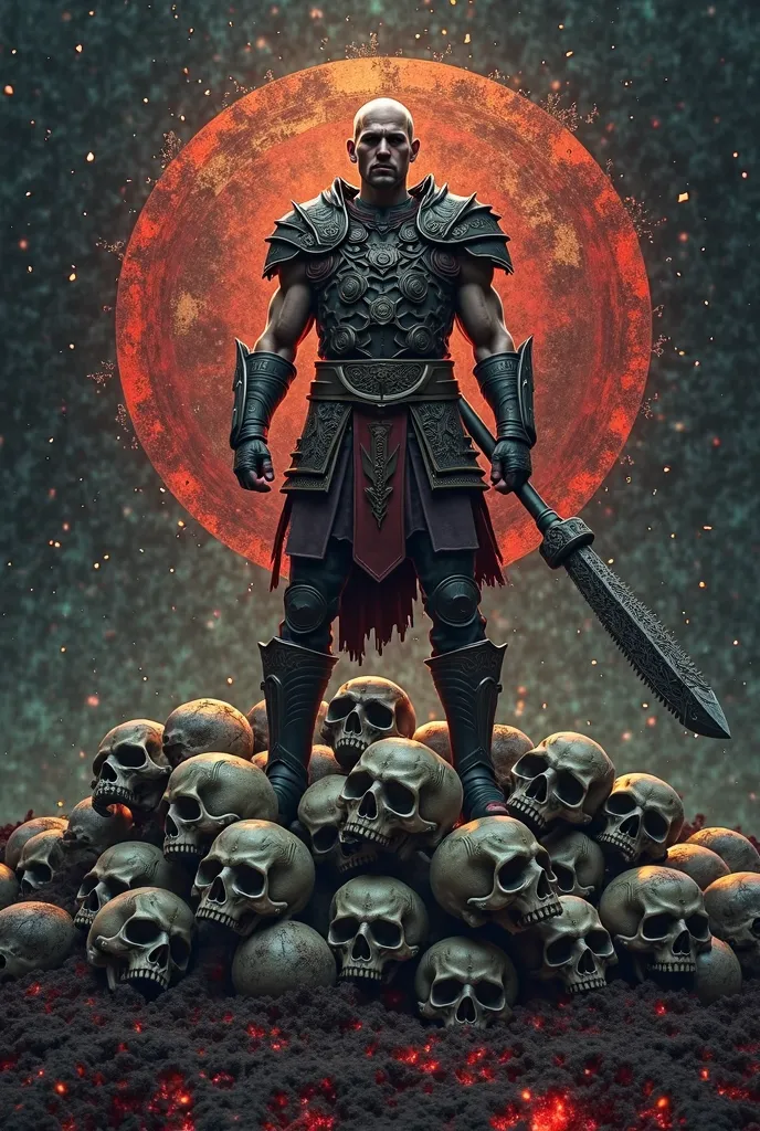 Round image with the EBNOBREGA logo in the center, warrior on top of a pile of skulls ,realistic image add EBNOBREGA logo 