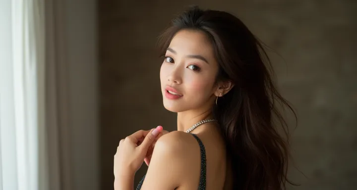 A young Asian-looking woman,  with smooth and delicate skin, slightly slanted eyes and posing in a seductive and attractive way with long wavy hair,  she's on her back, looking over her shoulder with a subtle smile, wearing a tight dress and a shiny neckla...