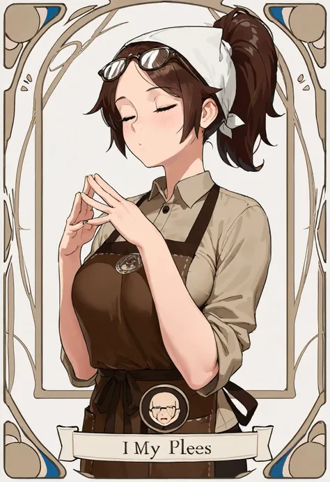 (high quality),(masterpiece),(detailed description),(8k),perfect human body,tarot card frame, Hair,ponytail,I closed my eyes ,triangular hood on head,apron,brown work clothes,Modest breasts,beer glasses in both hands