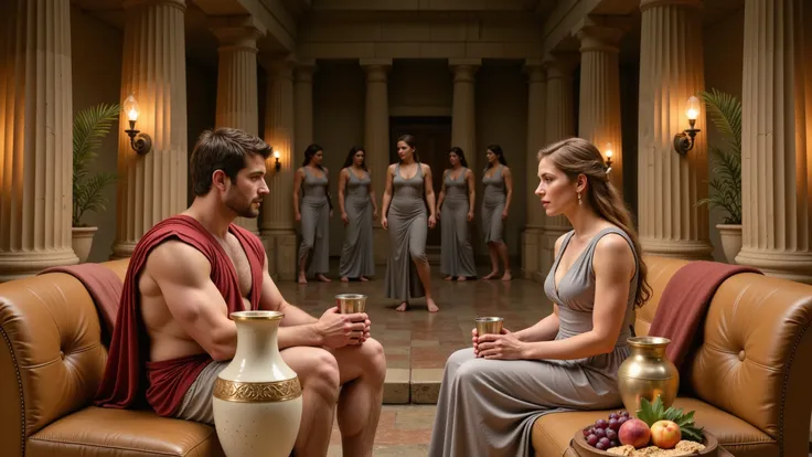 A realistic night scene in the hall of an ancient Greek palace, lit with torches. In the center, Hercules is sitting on a couch talking to Queen Hippolyta. Both are holding silver cups. The image is high definition and ultra-realistic, like a scene from a ...