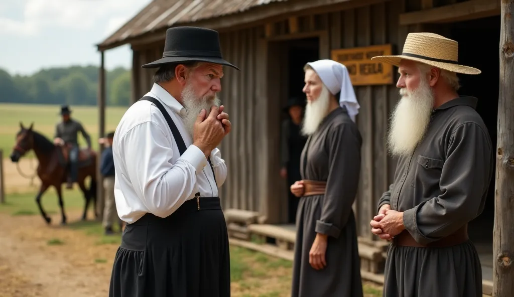 Ultra HD, realistic, and dynamic scene set in an Amish village, featuring Amish Donald Trump adjusting his long white beard without a mirror.

In the foreground, Donald Trump, fully Amish, wears a black straw hat, long white beard, and traditional suspende...