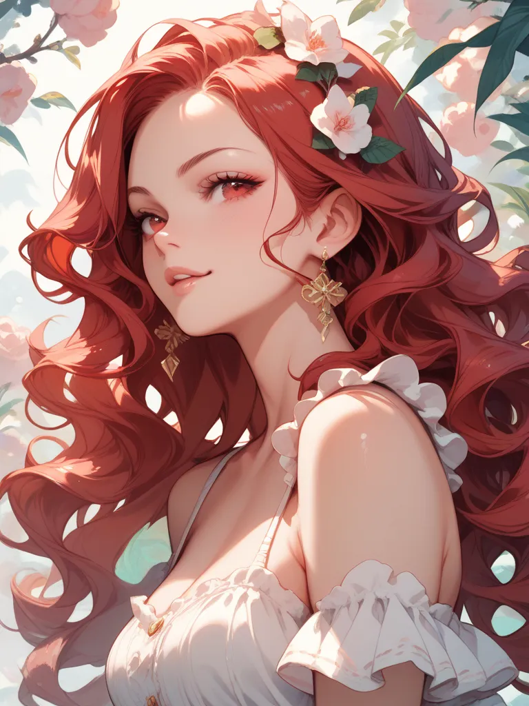 Head of a red-haired girl with red eyes wavy hair