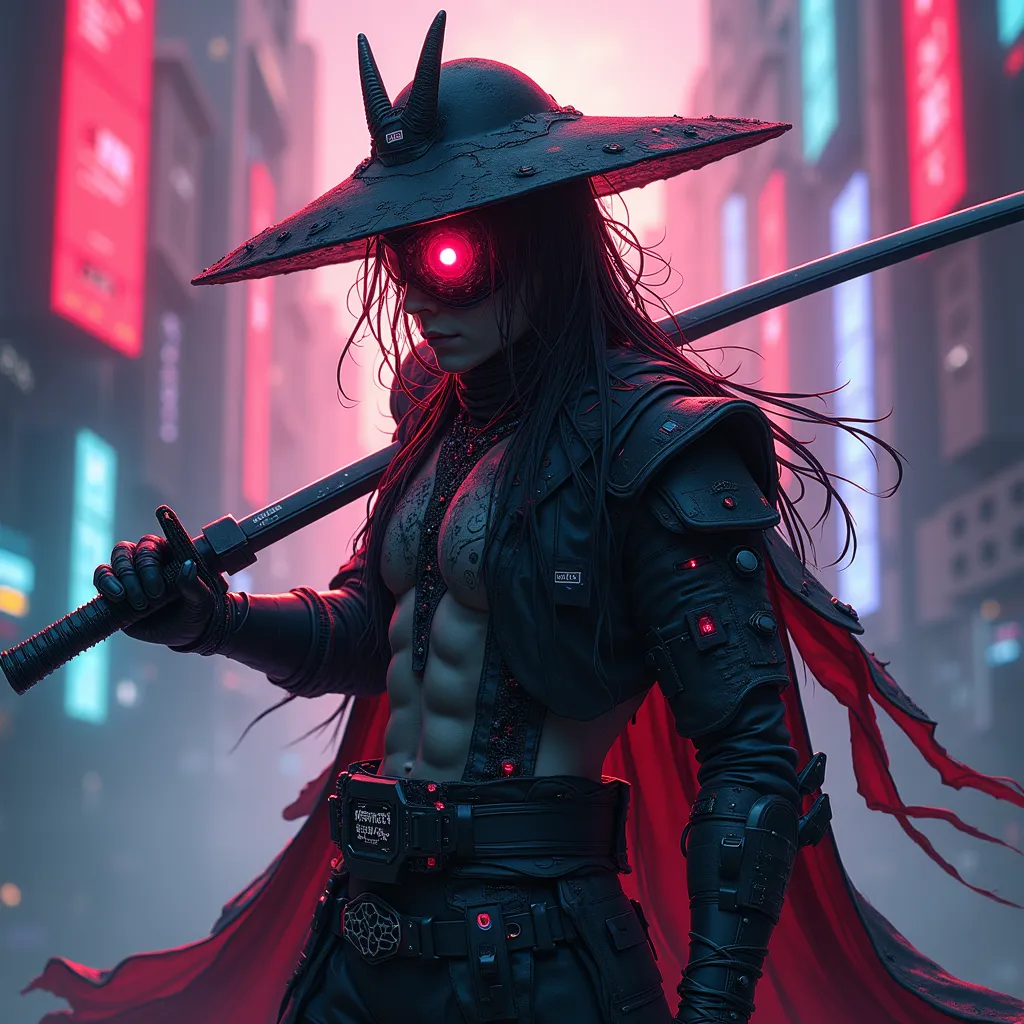 a close up of a person holding two swords in their hands, A Cybernetic Eye, cyberpunk art style, cyber space cowboy, cyberpunk shading, masterpiece epic retro wave art, portrait of a cyberpunk samurai, cyberpunk art style, 