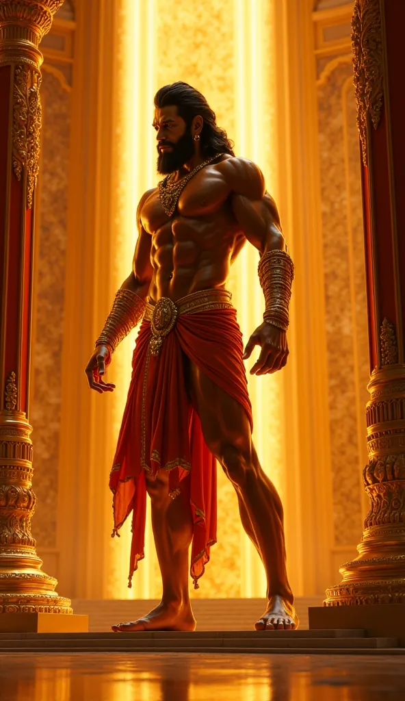 beautiful,intricate,highly detailed 3D render of lord hanuman,monkey face hindu god,standing majestically in a grand palace,ornate architecture,golden columns,glowing divine aura,muscular physique,noble expression,looking ahead with determination,4k,photor...