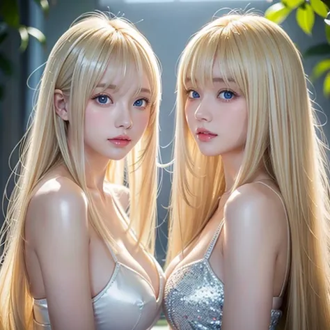 Beautiful white shiny skin 、 blonde hair color that changes with light 、 long bangs block view 、 Gloss highlights on her cheeks 、sexy and very beautiful lovely cute gorgeous face、The most beautiful face in the world、 super long gorgeous pair blonde hair、 s...