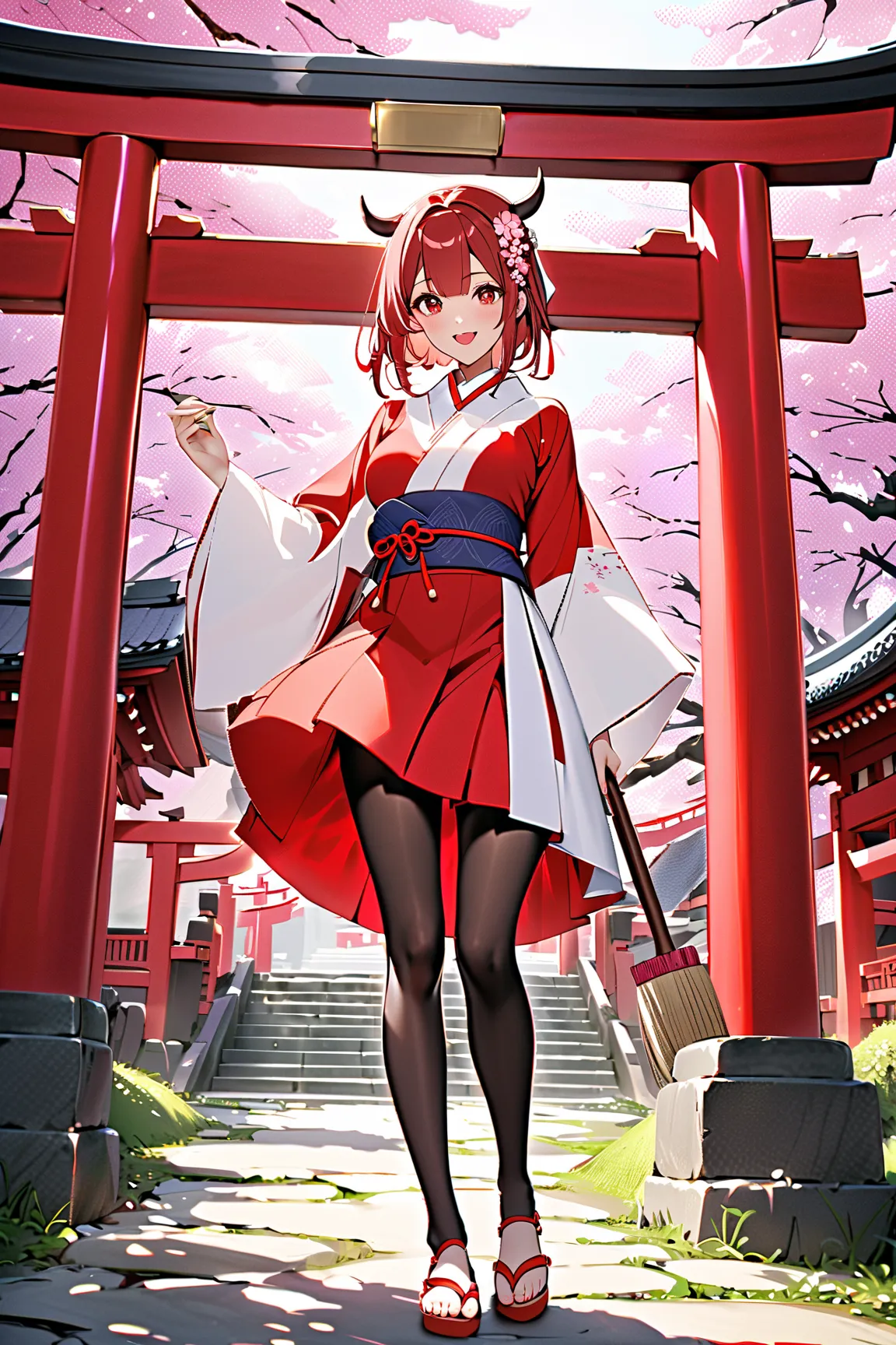 (masterpiece、top quality、super detailed、 sunshine、Cinema Lighting)、(Japanese anime cosplay、)、( Long bangs up to 、)、(Japanese goddesses、Shrine maiden、白いShrine maiden衣装、Red too、)、(princess cut、Long auburn hair、cut、 cherry blossom hair ornament、 hairpins、)、ho...