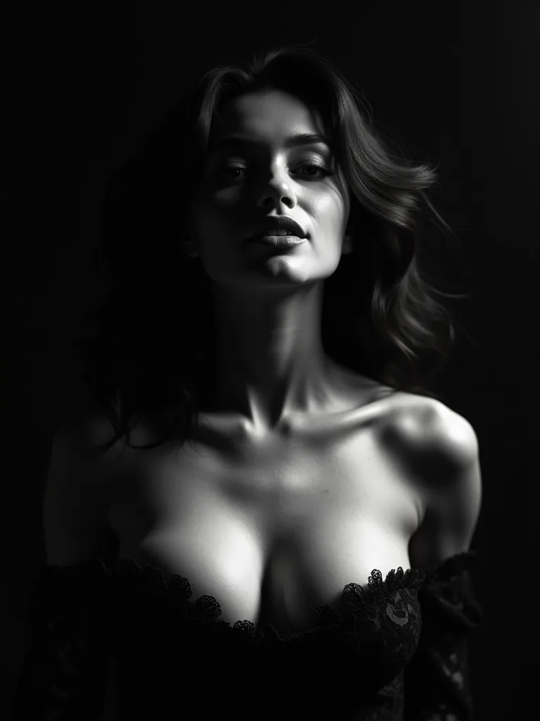 (Masterpiece photorealistic) Intense high contrast low key black and white professional photography .Light sculpting photography of a gorgeous woman model. Age 23. (Random face shape)face emerging from the shadows with intense eyes and epic cleavage. 44dd ...