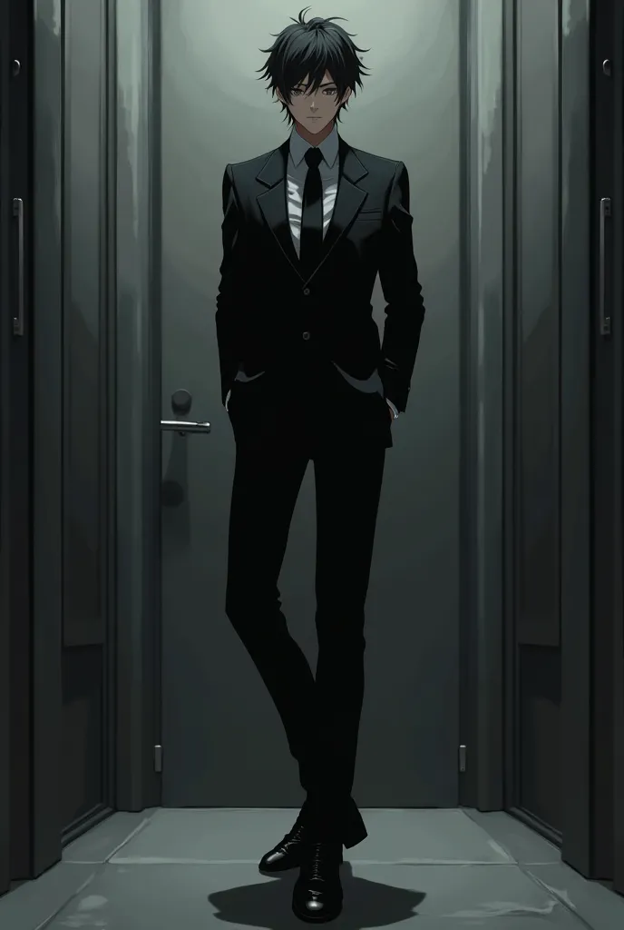 a character similar to Nagumo from Sakamoto Days but with a black suit, with hair similar to that of Gabimaru from Paradise and take off that coat from him