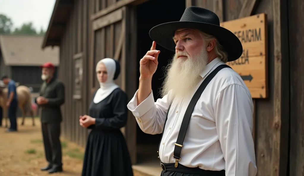 Ultra HD, realistic, and dynamic scene set in an Amish village, featuring Amish Donald Trump adjusting his long white beard without a mirror.

In the foreground, Donald Trump, fully Amish, wears a black straw hat, long white beard, and traditional suspende...