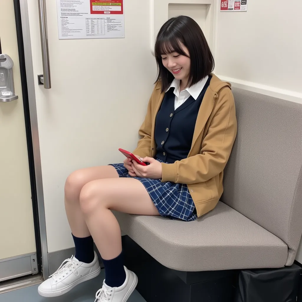 Japanese high school girl, sitting on a commuter train, fiddling with her phone, Wearing school uniform.close her.black bob hair.natural makeup.big breasts.beautiful legs.Wearing white sneakers.blue plaid mini skirt、navy cardigan over white collared shirt、...