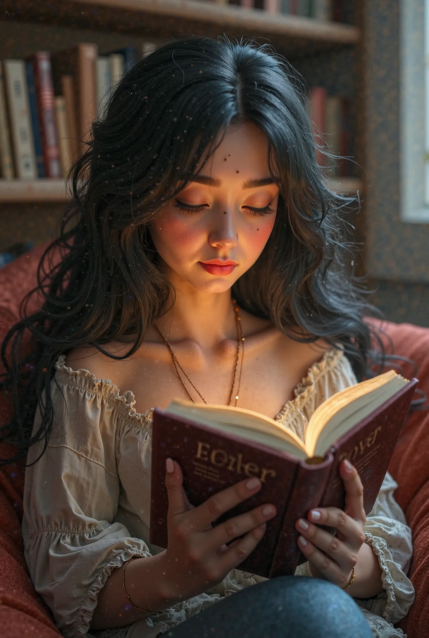 I want an animated image of a black-haired one, reading a Harry Potter book and with a Kindle, I want her in a cozy place