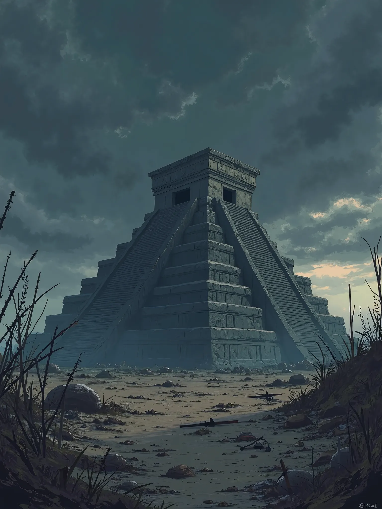 create in 2d anime style, an apocalyptic scene of the nesting doll pyramid in Mexico. This pyramid has a flat top and is located in America. Add some plant life in the background but not too much. Also add many swards and more shields from fallen soldiers ...