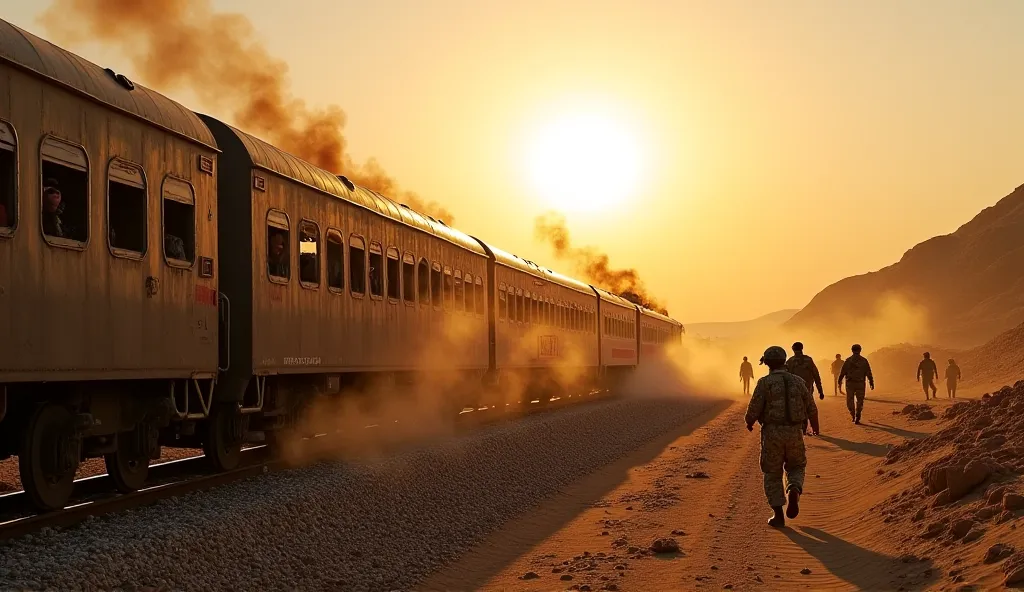 A dramatic and intense scene unfolds in the barren, rocky landscapes of Balochistan as a Pakistani passenger train chugs along the winding tracks. The golden hues of the setting sun cast long shadows over the desert terrain. Suddenly, a deafening explosion...